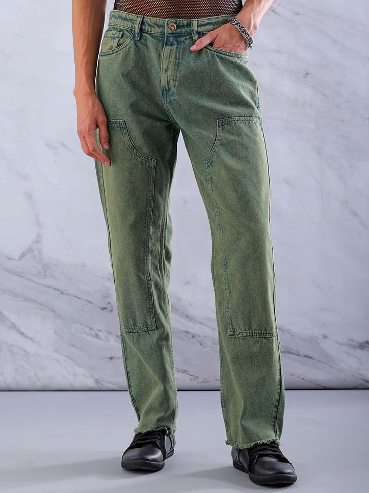 Men's Green Relaxed Straight Fit Patched Mid-Rise Jeans