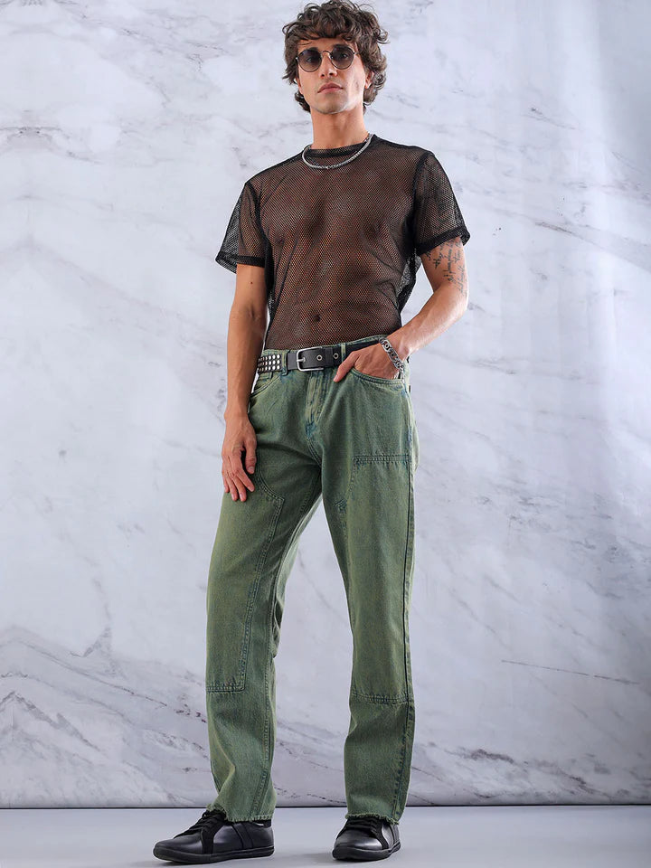 Men's Green Relaxed Straight Fit Patched Mid-Rise Jeans