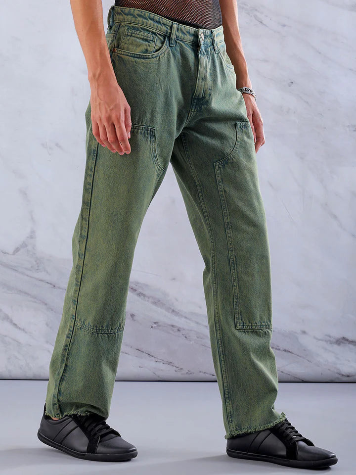 Men's Green Relaxed Straight Fit Patched Mid-Rise Jeans