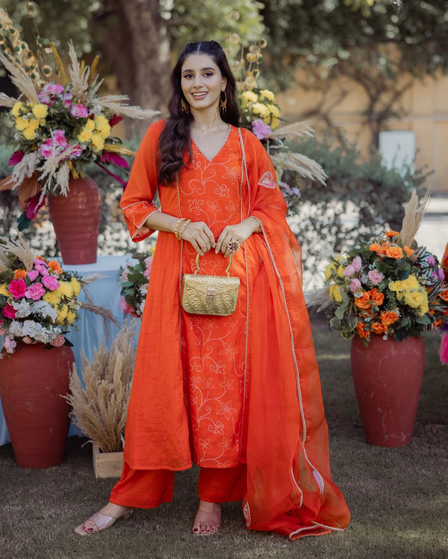 Stylish Saumya Orange Bandhani Chanderi Suit Set with Ethnic Detailing