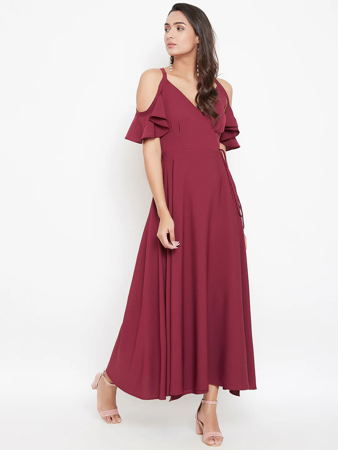 Women Solid Maroon V-Neck Cold-Shoulder Maxi Dress