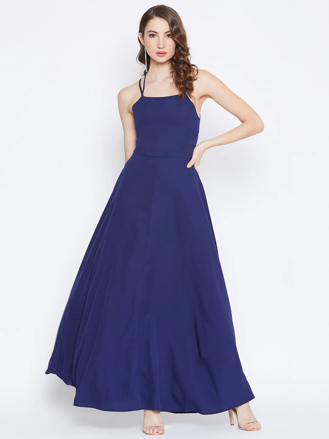 Navy Blue Halter Neck Caged Back Flared Maxi Dress