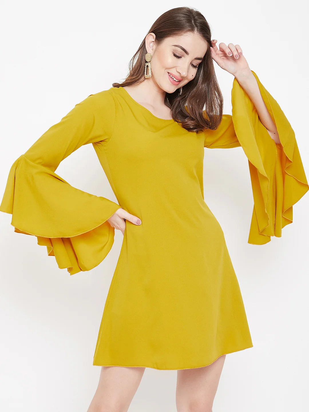 Women Solid Yellow Round Neck Bell Sleeve A-Line Mini Dress