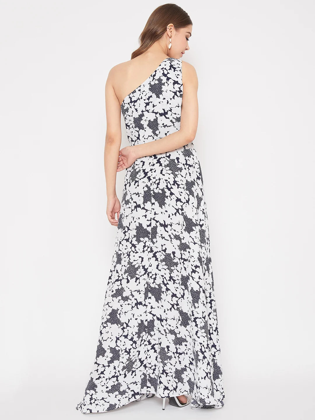 Black & White Floral Printed One-Shoulder Flared Maxi Dress