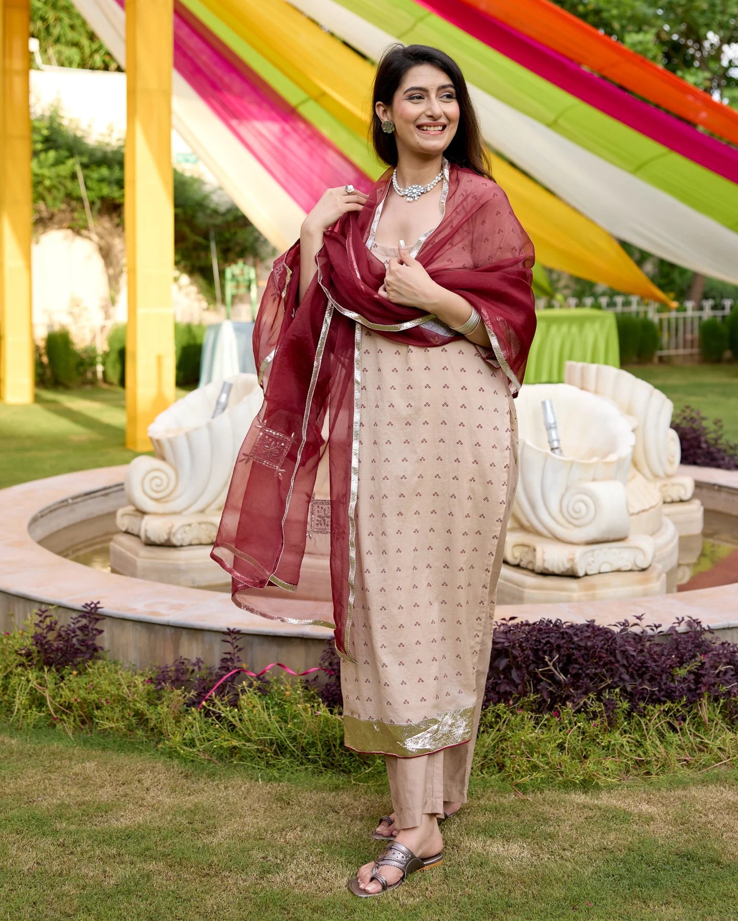 Kriti Beige Bandhani Chanderi Suit Set For Women