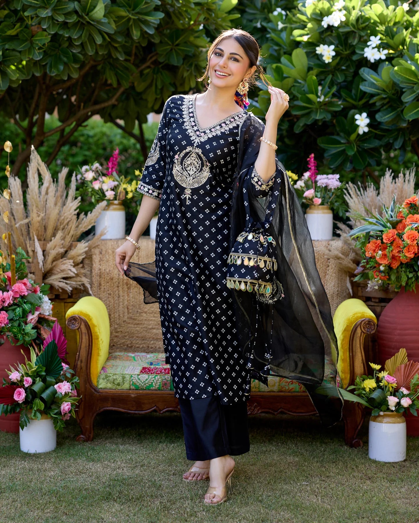 Mantra Black Bandhani Chanderi Suit Set For Women