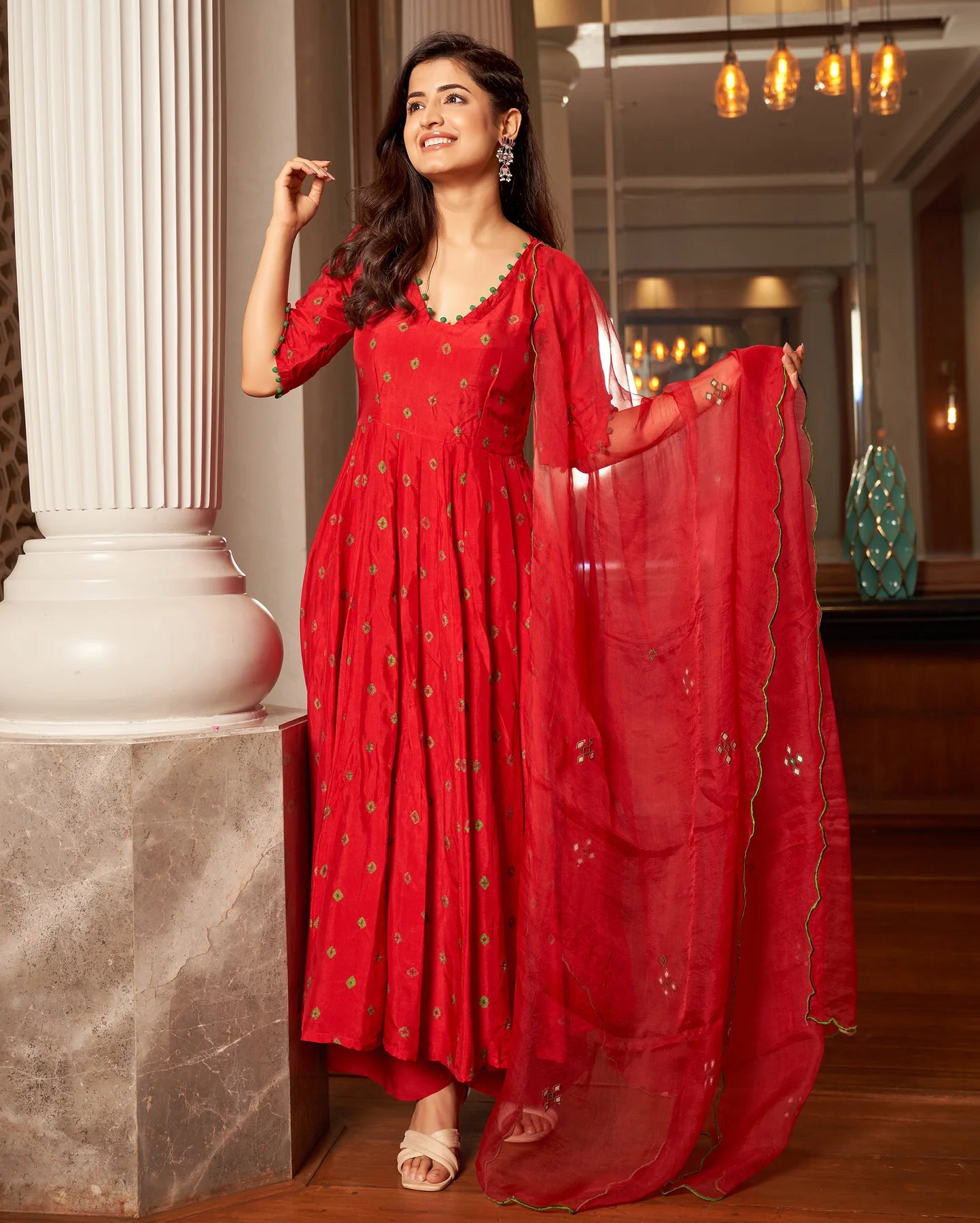 Rasa Red Bandhani Silk Suit Set For Women
