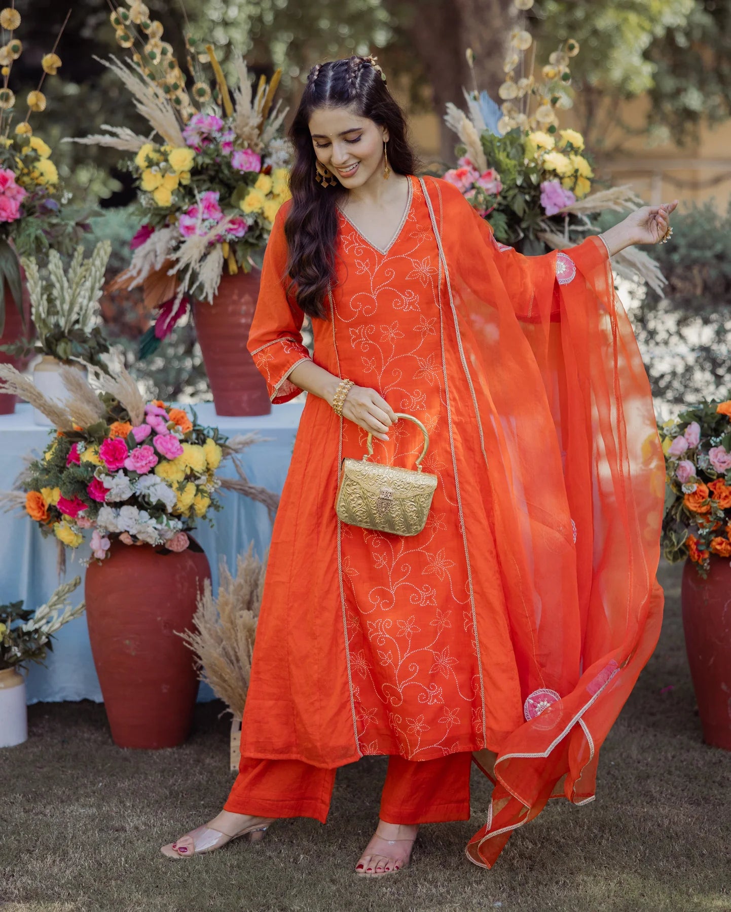 Stylish Saumya Orange Bandhani Chanderi Suit Set with Ethnic Detailing