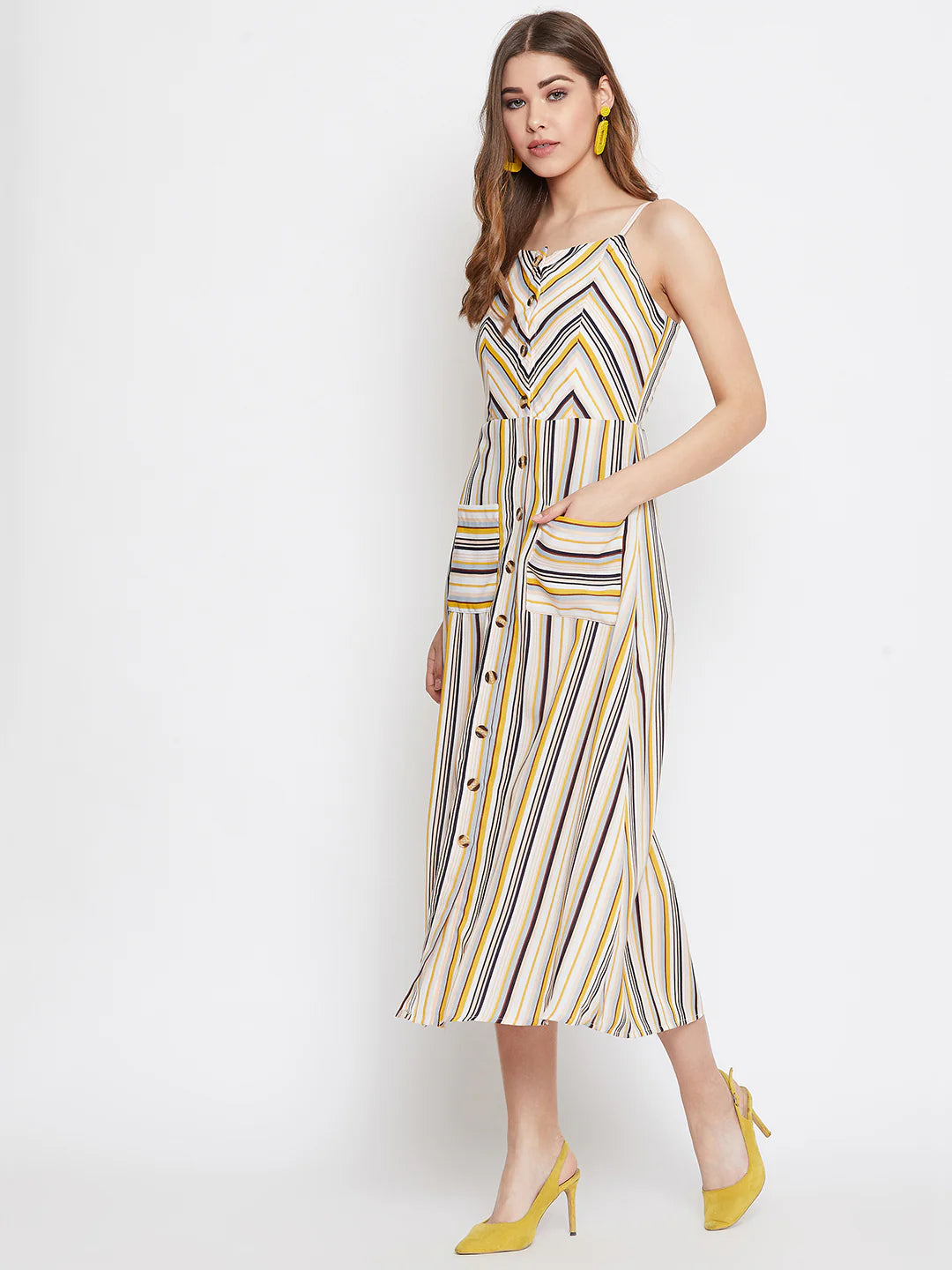 Women Multicoloured Stripe Patterned Button-Up Flared A-Line Midi Dress