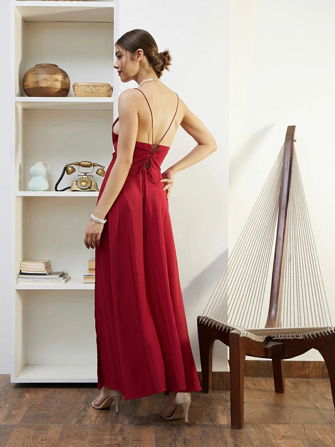 Red Cowl Neck Sleeveless Lace-Up Backless Flared Maxi Dress
