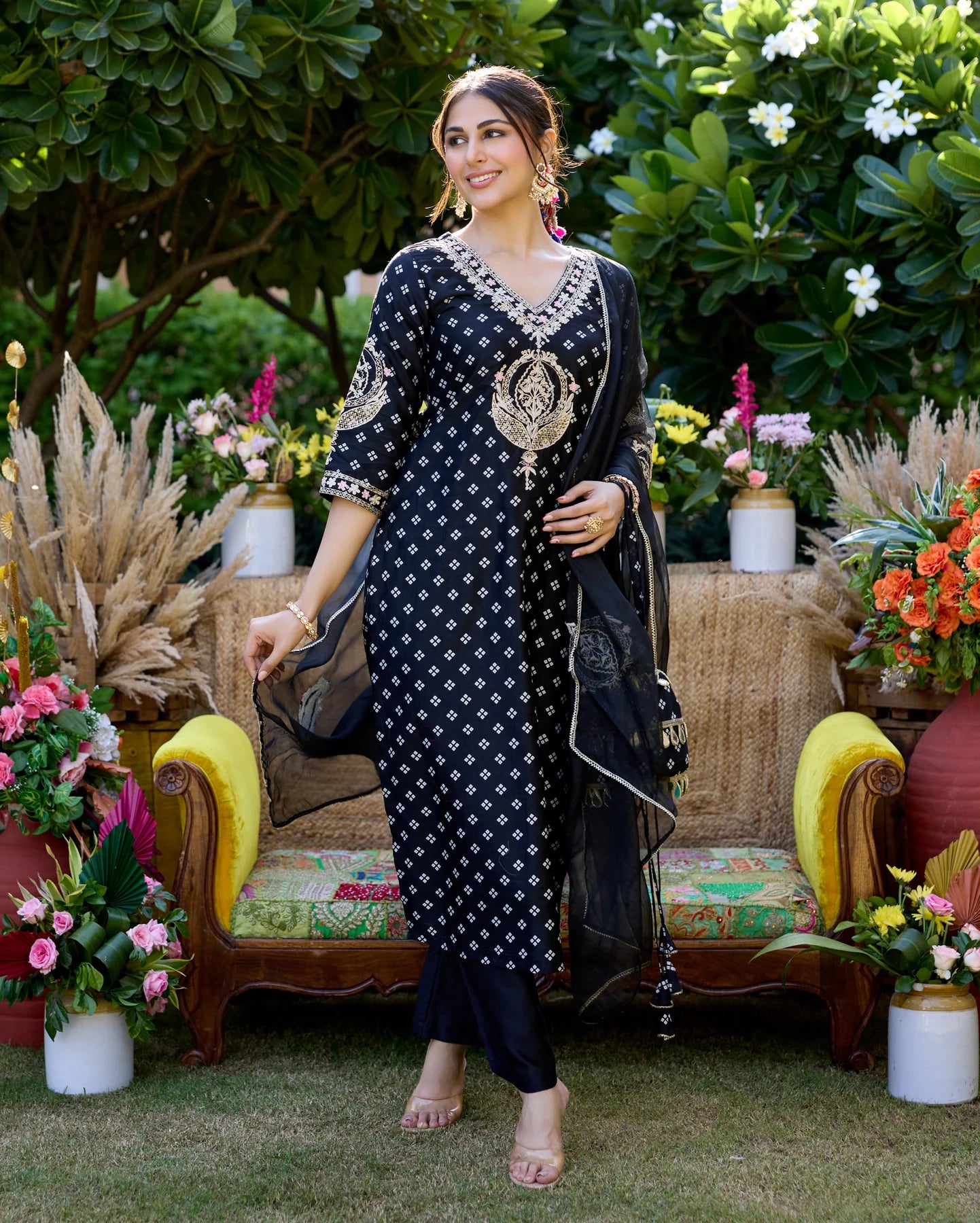 Mantra Black Bandhani Chanderi Suit Set For Women