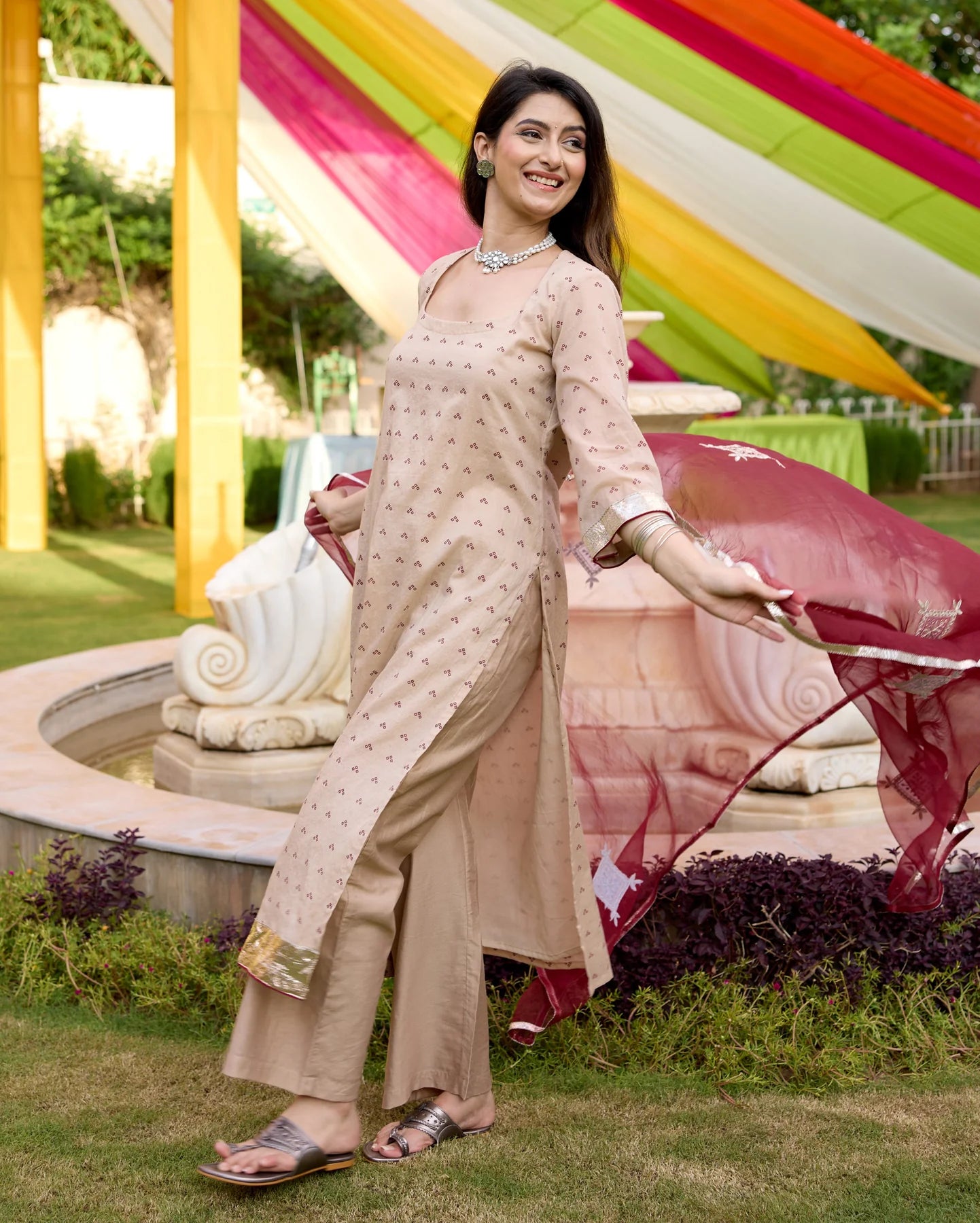 Kriti Beige Bandhani Chanderi Suit Set For Women