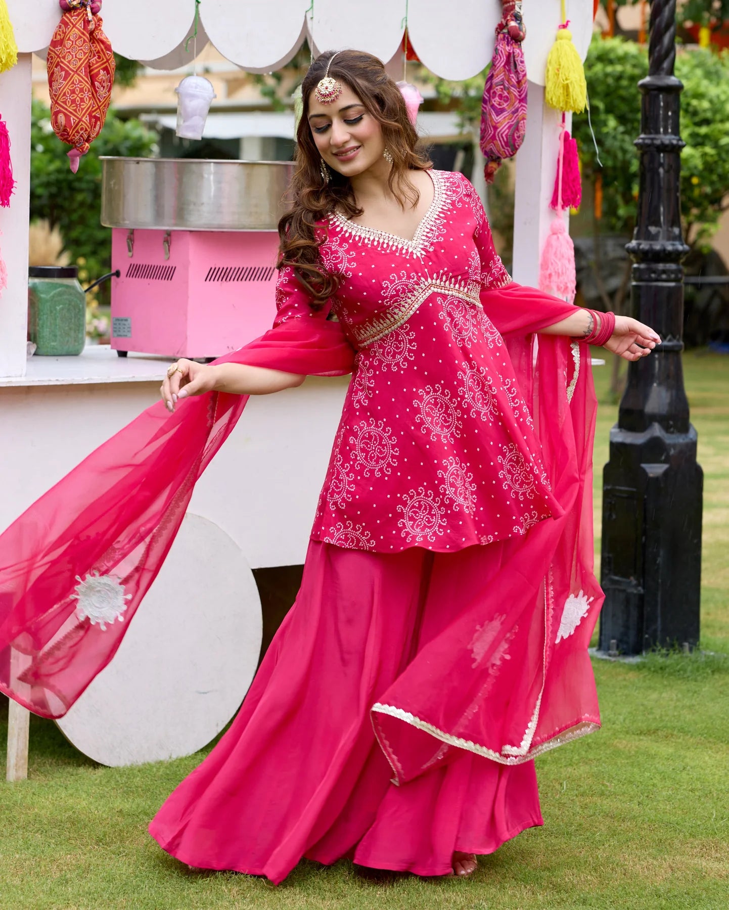 Kanak Designer Pink Bandhani Crepe Suit Set with Traditional Prints
