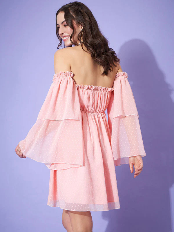Pink Dobby Weave Off-Shoulder Neck Flutter Sleeve Ruffled A-Line Mini Dress