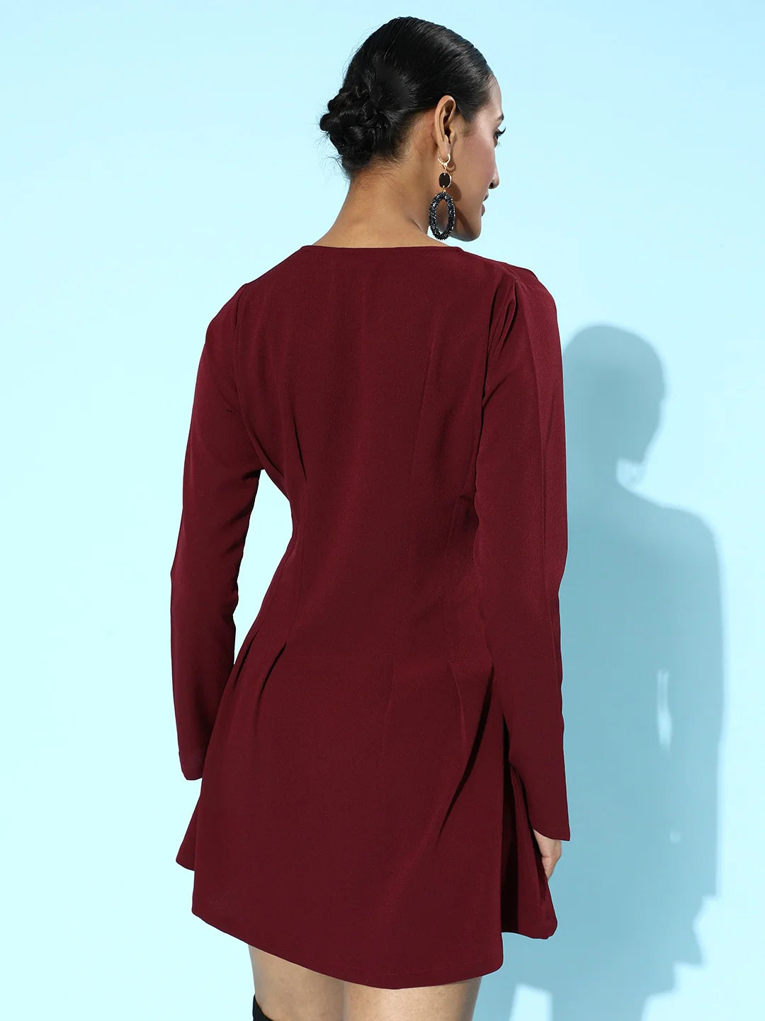 Maroon V-Neck Front Button-Up Flared Mini Shirt Dress