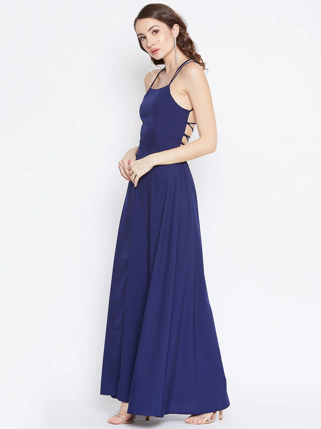Navy Blue Halter Neck Caged Back Flared Maxi Dress