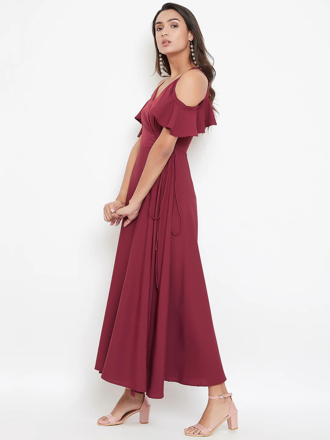 Women Solid Maroon V-Neck Cold-Shoulder Maxi Dress