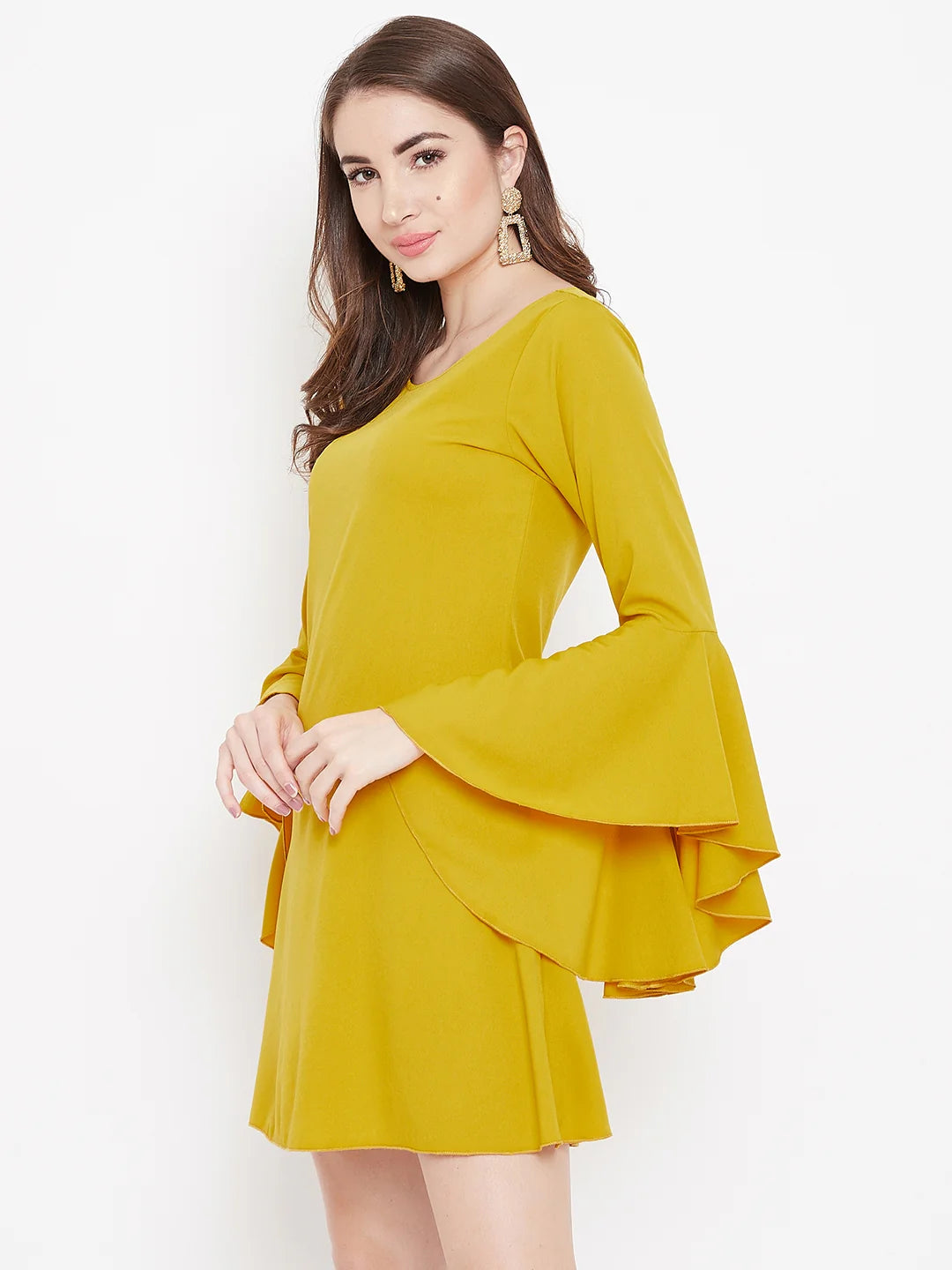 Women Solid Yellow Round Neck Bell Sleeve A-Line Mini Dress