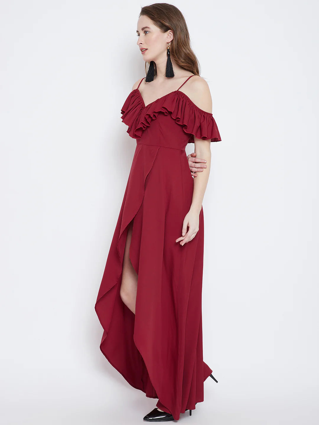 Women Solid Red V-Neck Tulip Hem Crepe Ruffled Maxi Dress