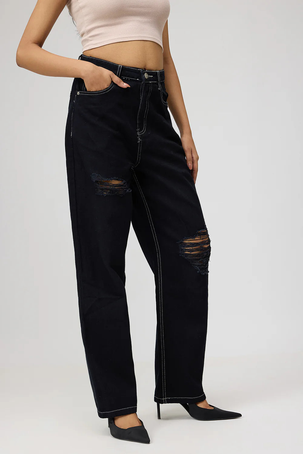 Fashionable Black High-Rise Women’s Straight Jeans