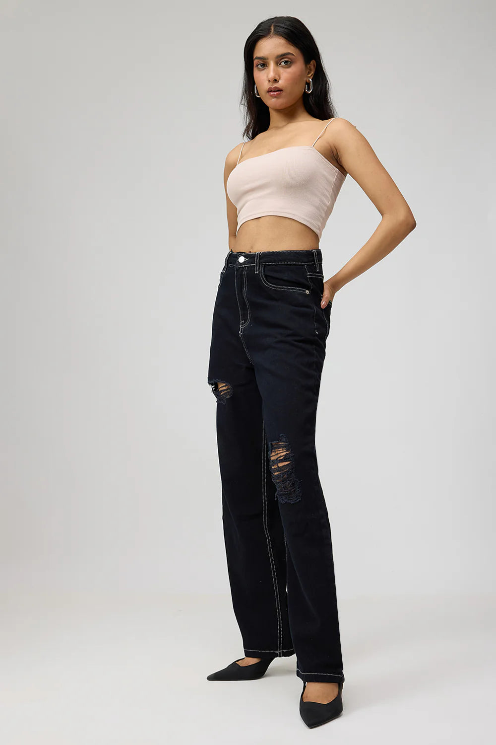 Fashionable Black High-Rise Women’s Straight Jeans
