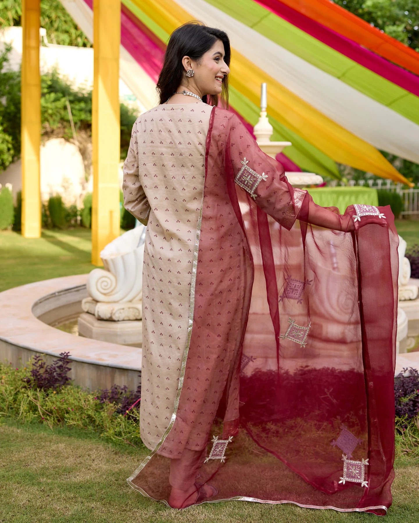 Kriti Beige Bandhani Chanderi Suit Set For Women