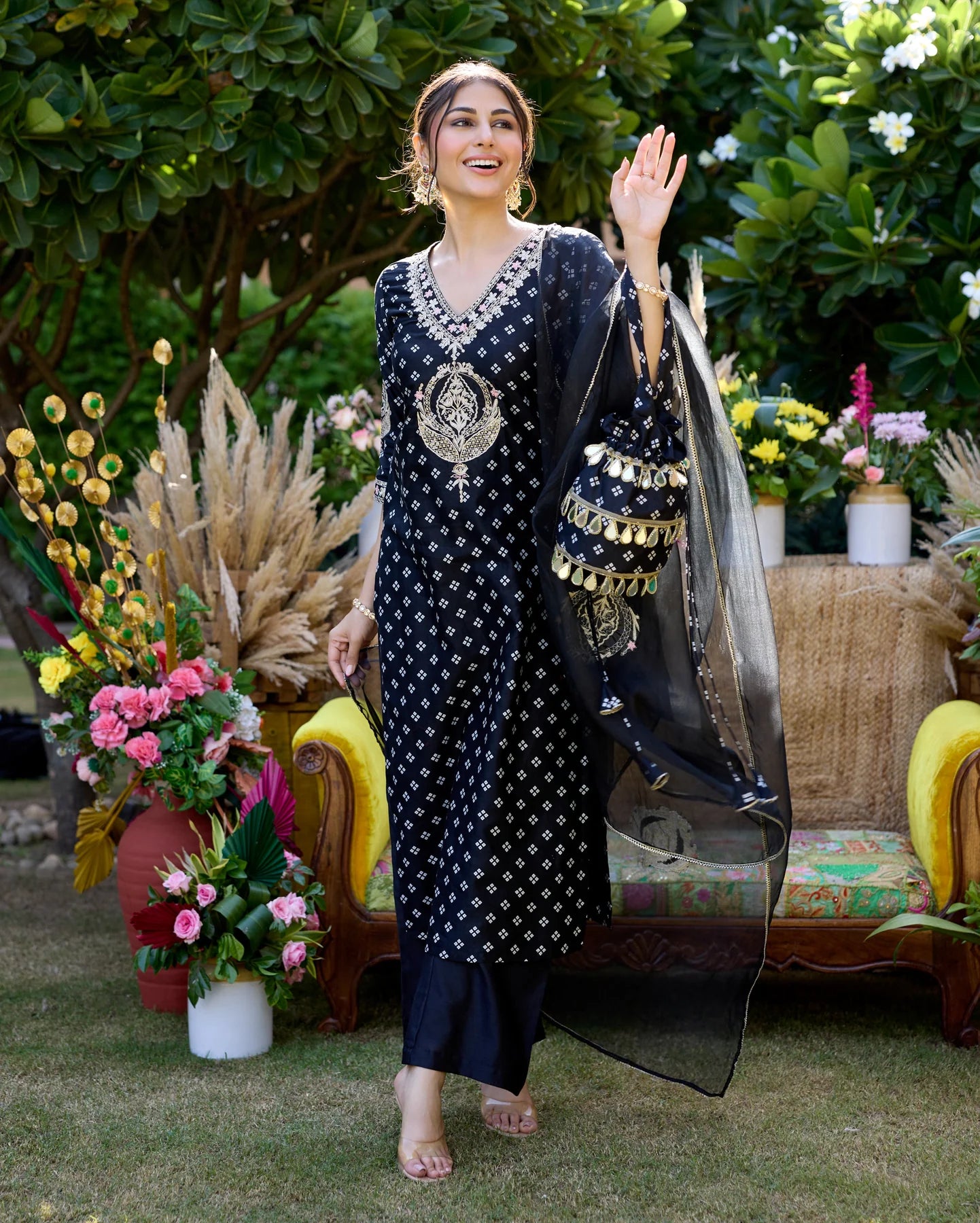 Mantra Black Bandhani Chanderi Suit Set For Women