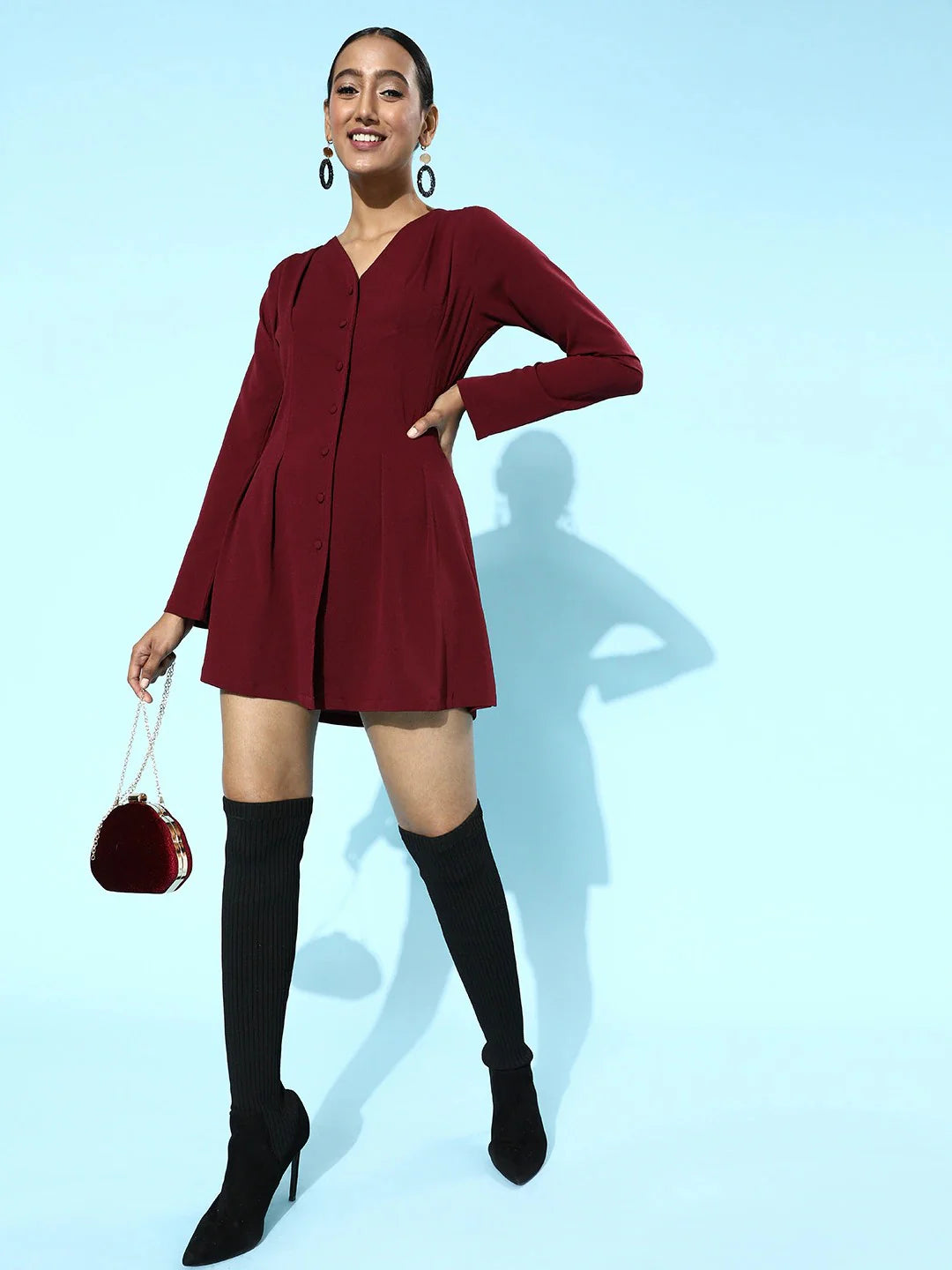 Maroon V-Neck Front Button-Up Flared Mini Shirt Dress