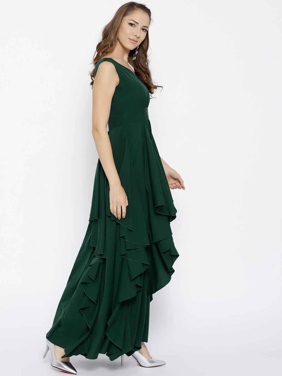 Green V-Neck Crepe Asymmetrical Hem Ruffled Maxi Dress