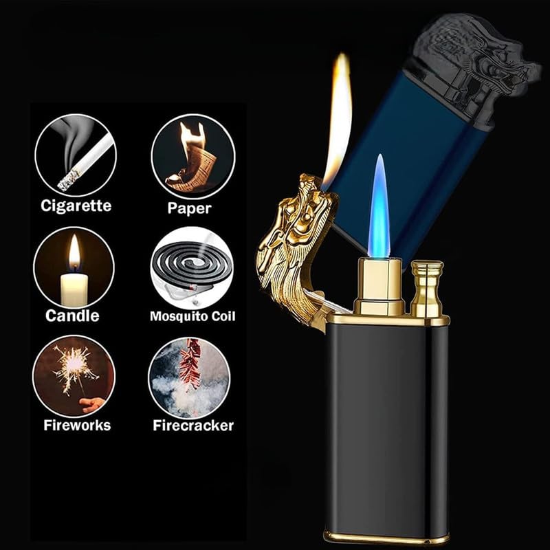 Refillable Butane Torch Lighter with Double Jet Flames Dragon Engraved Metal Design for Cigars and Gifts