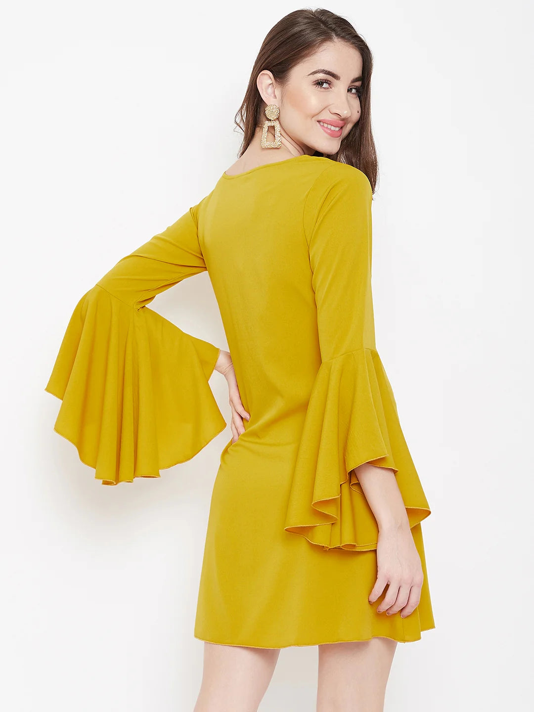 Women Solid Yellow Round Neck Bell Sleeve A-Line Mini Dress