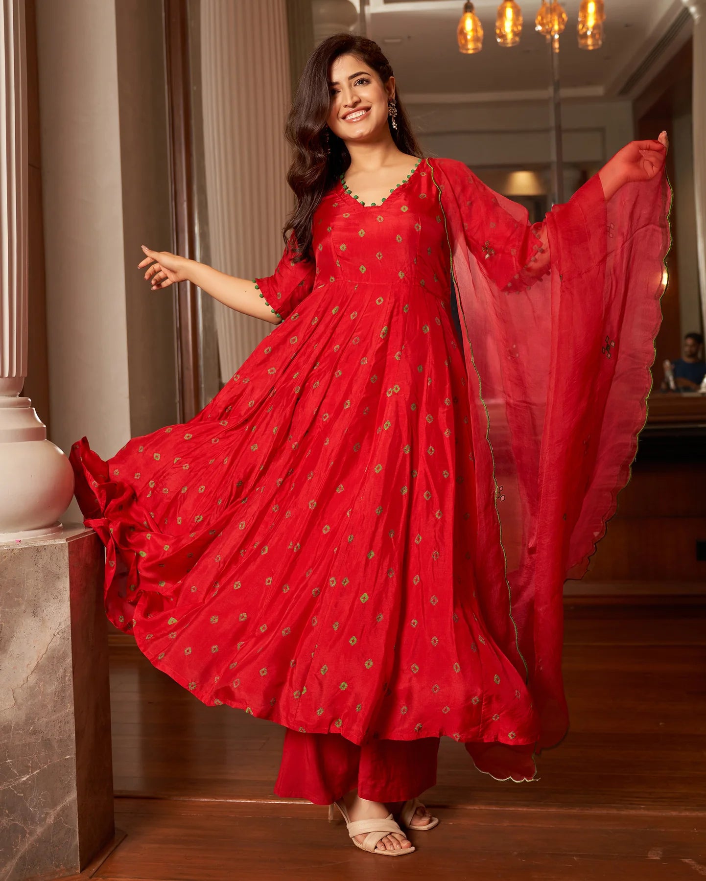Rasa Red Bandhani Silk Suit Set For Women