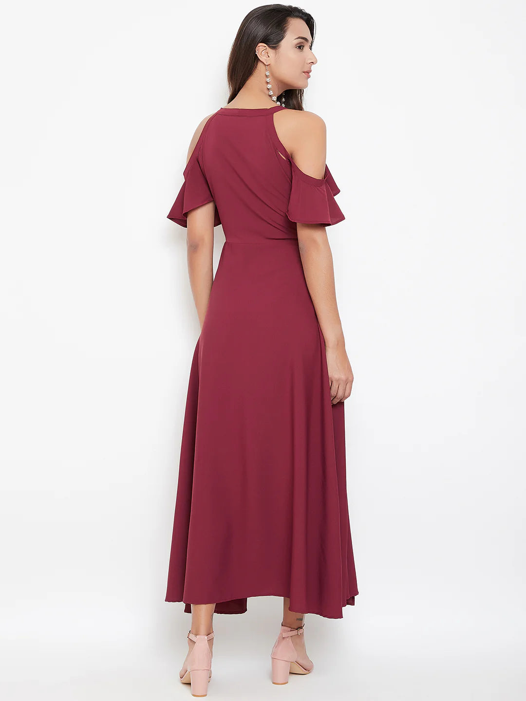 Women Solid Maroon V-Neck Cold-Shoulder Maxi Dress