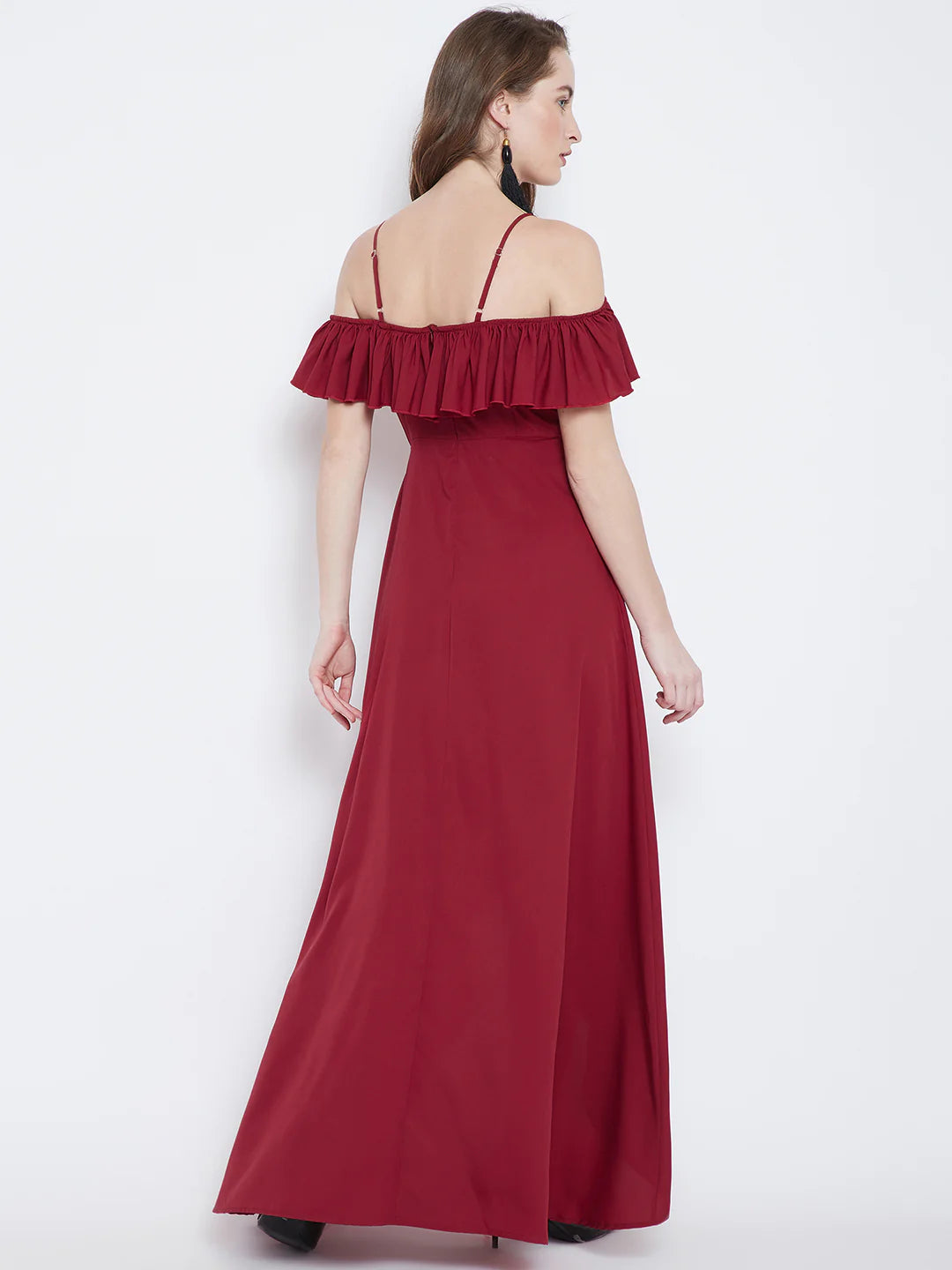 Women Solid Red V-Neck Tulip Hem Crepe Ruffled Maxi Dress