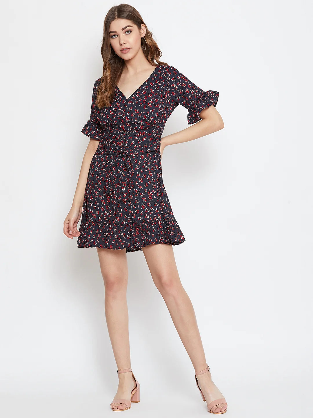 Navy Blue Floral Printed Fit & Flare Mini Dress