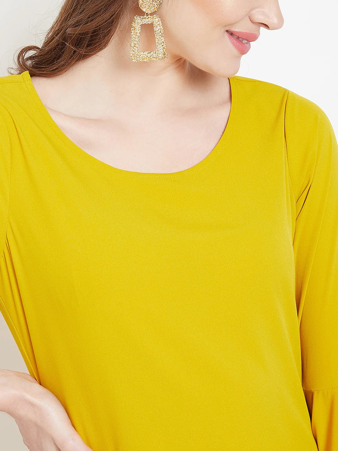 Women Solid Yellow Round Neck Bell Sleeve A-Line Mini Dress