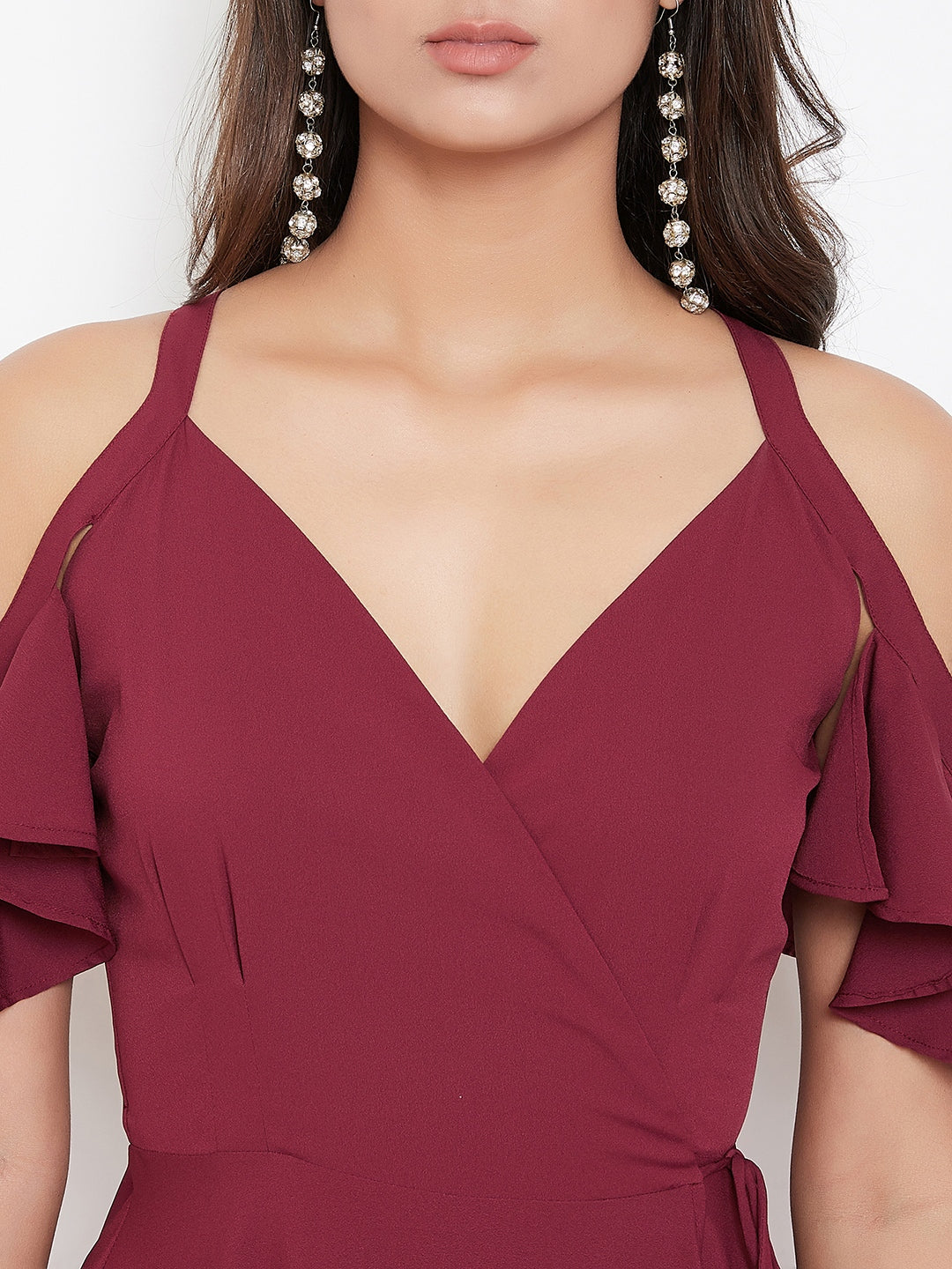Women Solid Maroon V-Neck Cold-Shoulder Maxi Dress