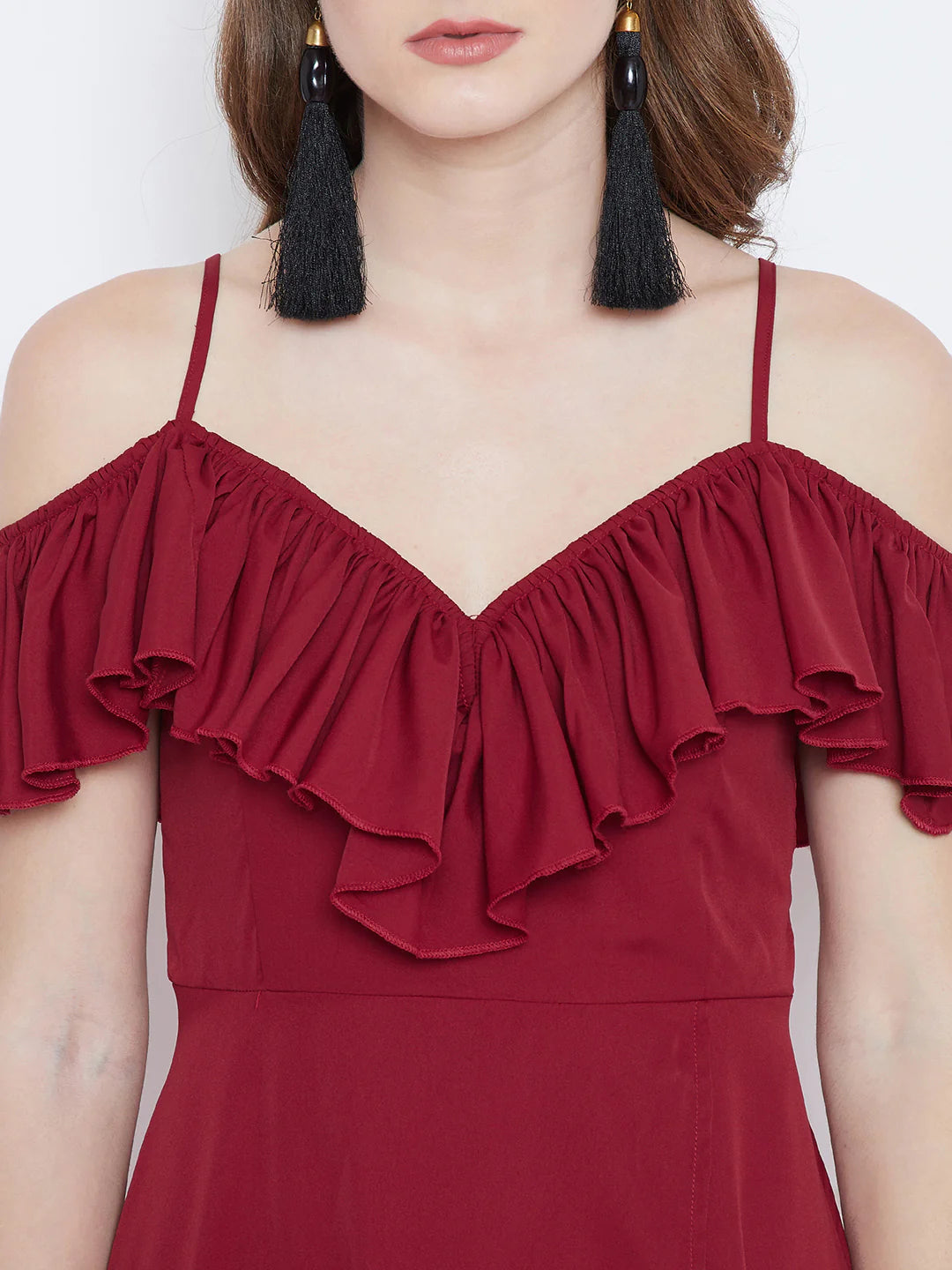 Women Solid Red V-Neck Tulip Hem Crepe Ruffled Maxi Dress