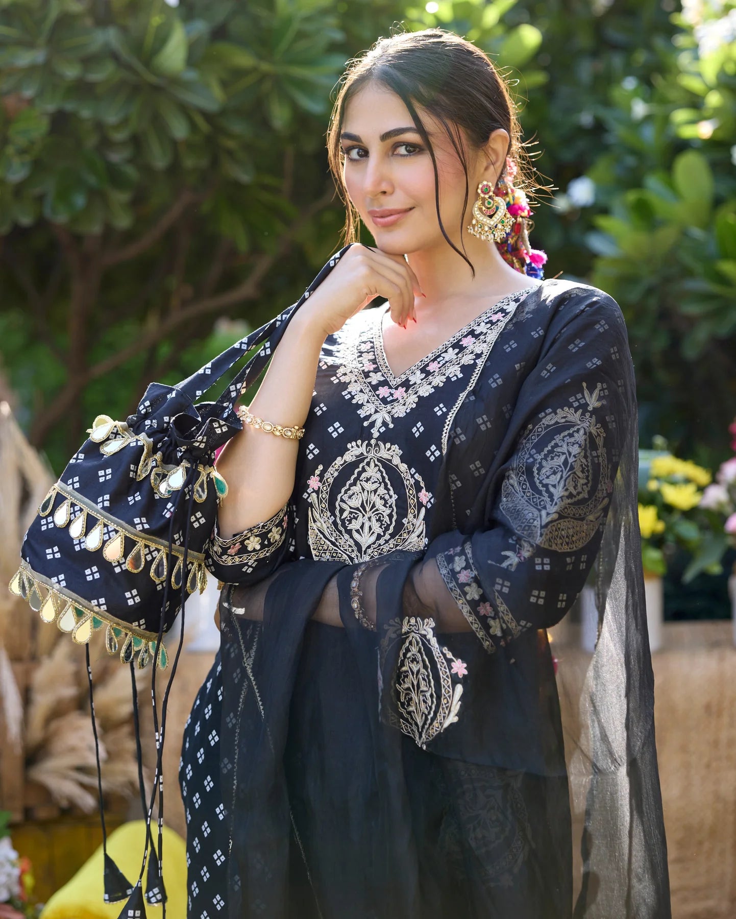 Mantra Black Bandhani Chanderi Suit Set For Women