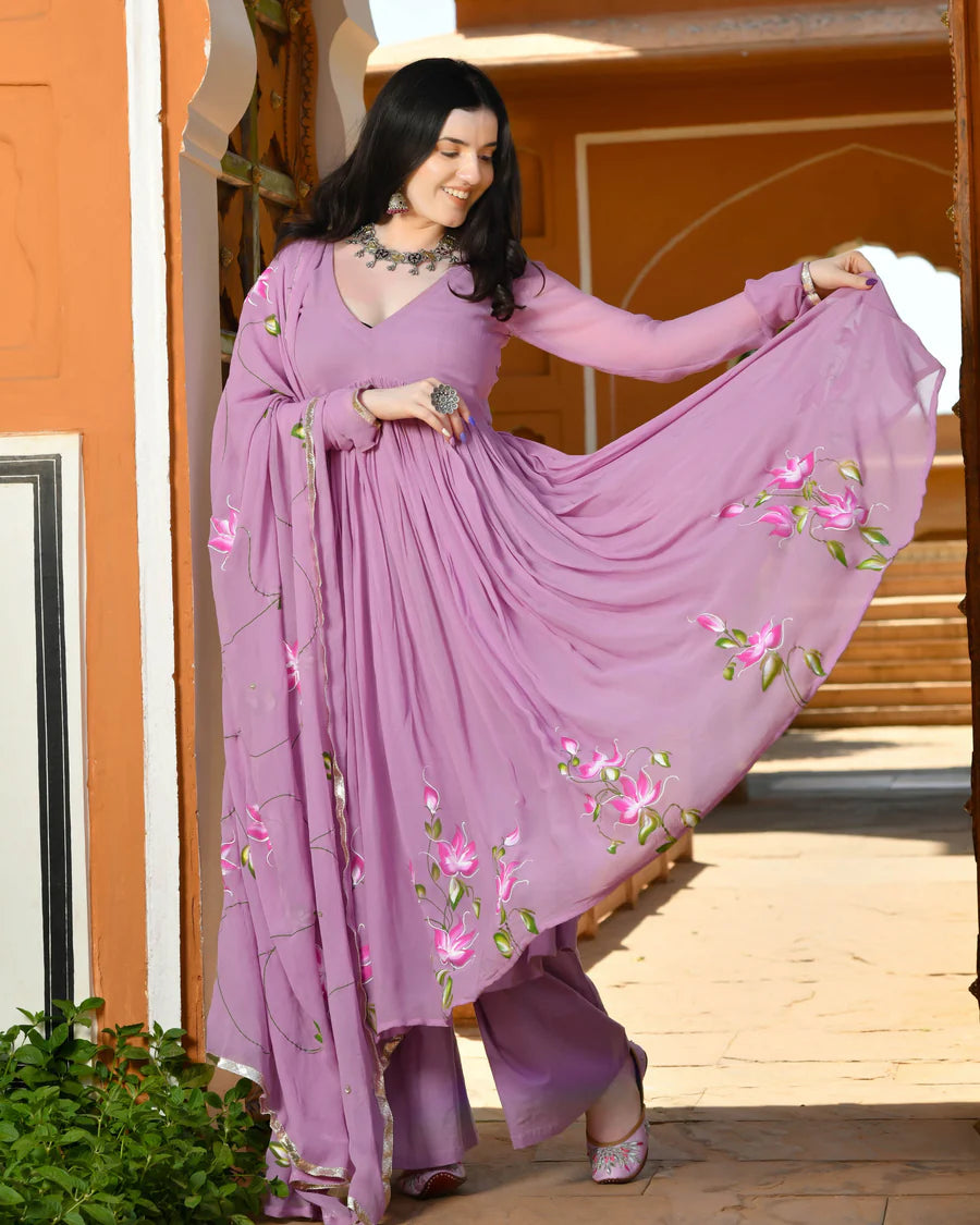 Sayuri Designer Handpainted Georgette Suit Set with Artistic Prints