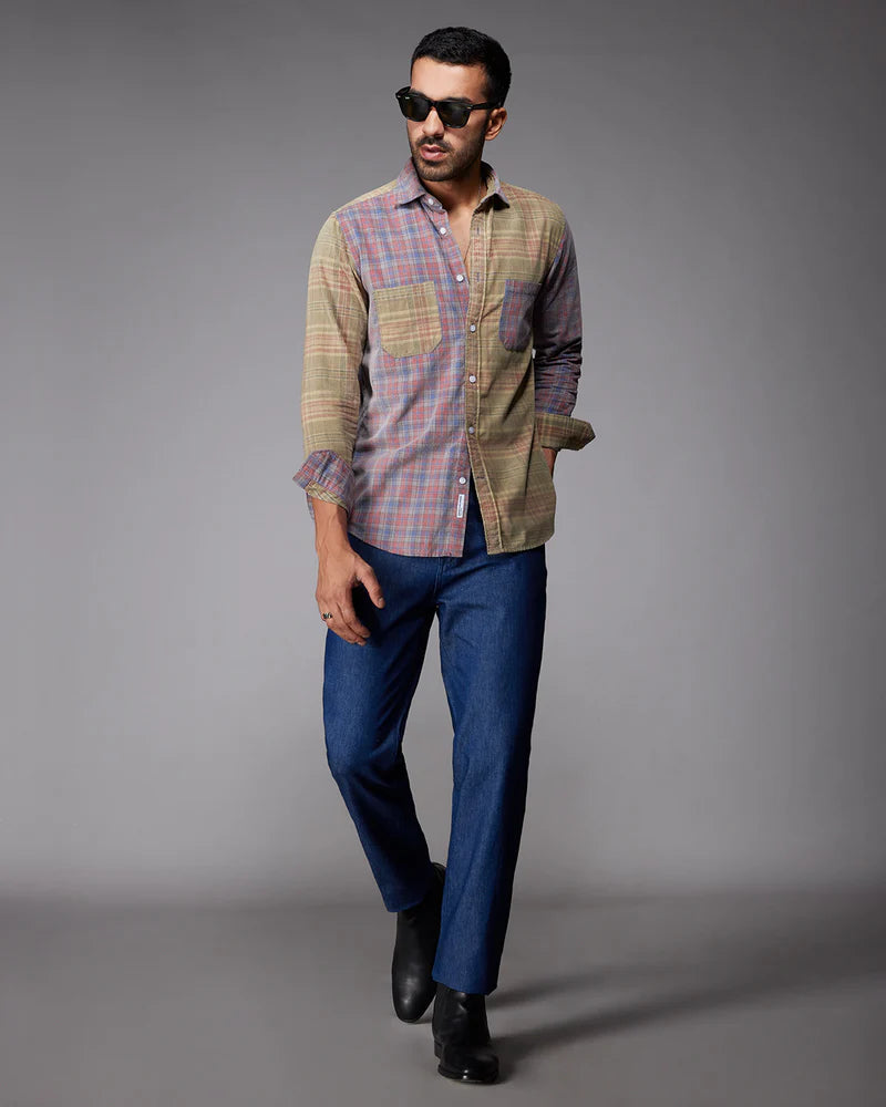 Stylish Men’s Red & Grey Corduroy Cut & Sew Checked Shirt with Modern Pattern and Soft Fabric