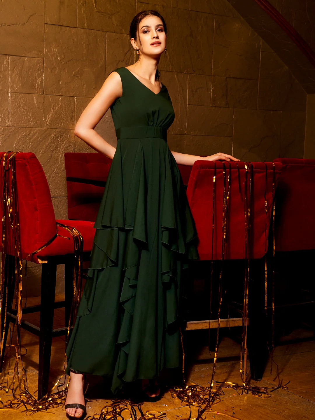Green V-Neck Crepe Asymmetrical Hem Ruffled Maxi Dress