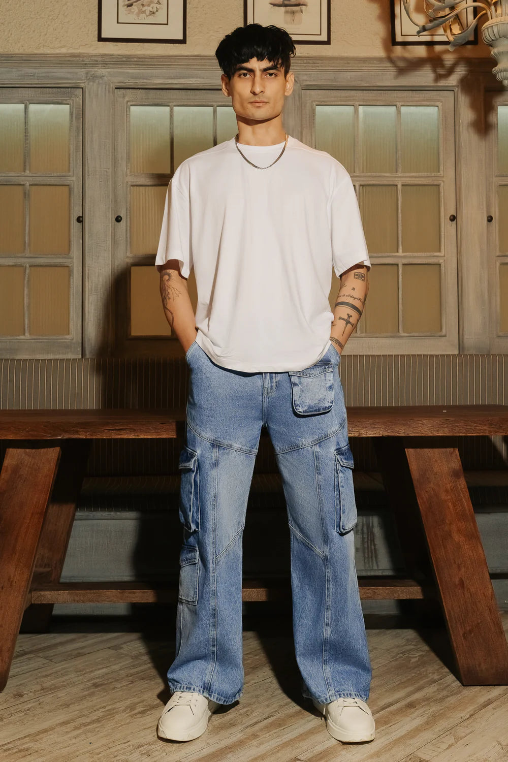 Comfortable Blue Patch & Seam Men’s Wide Cargo Jeans Perfect for Outdoor and Daily Wear