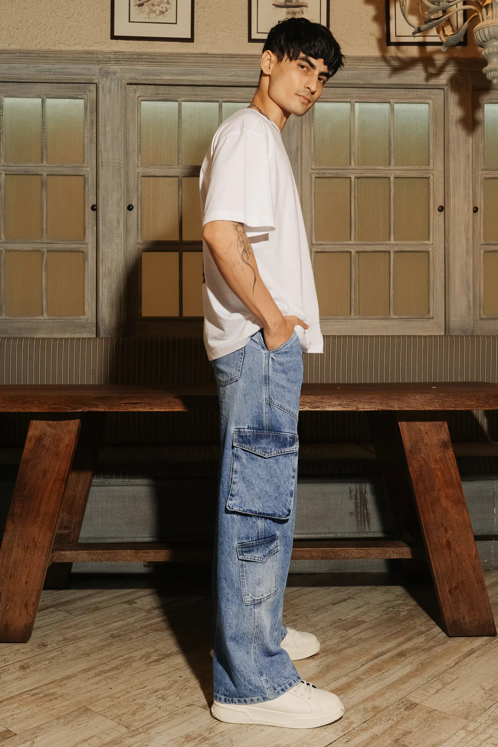 Comfortable Blue Patch & Seam Men’s Wide Cargo Jeans Perfect for Outdoor and Daily Wear