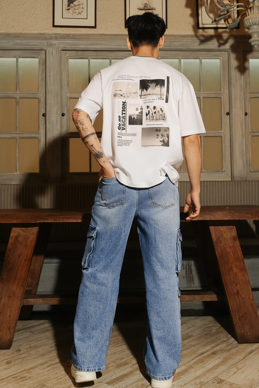 Comfortable Blue Patch & Seam Men’s Wide Cargo Jeans Perfect for Outdoor and Daily Wear