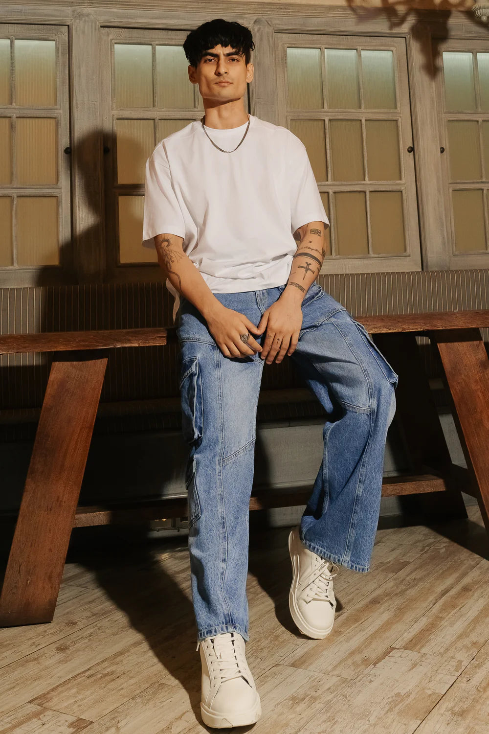 Comfortable Blue Patch & Seam Men’s Wide Cargo Jeans Perfect for Outdoor and Daily Wear