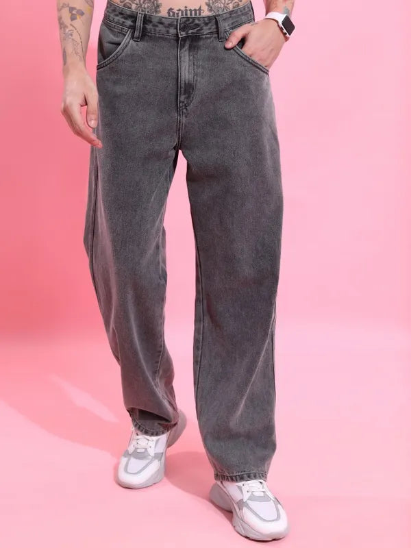 Stylish Men’s Grey Straight Fit Jeans with Soft Washed Denim Finish