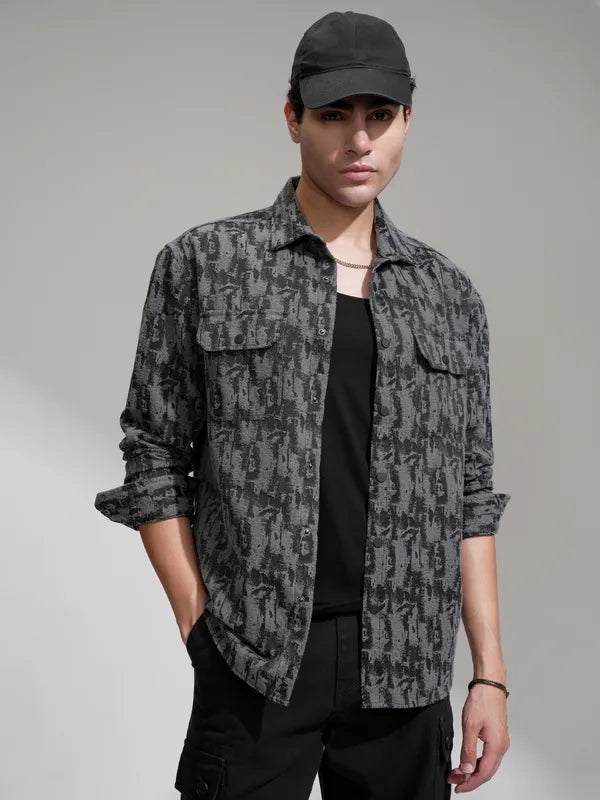Men Grey Printed Relaxed Fit Casual Shirt