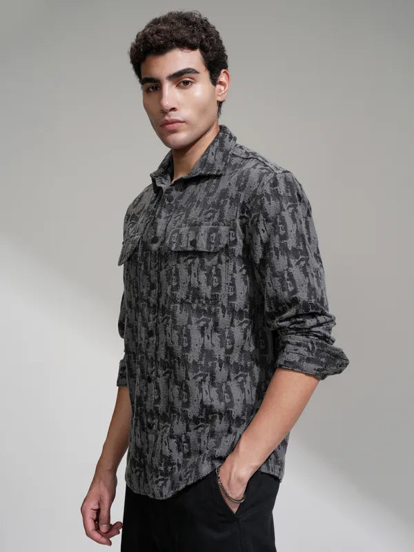 Men Grey Printed Relaxed Fit Casual Shirt