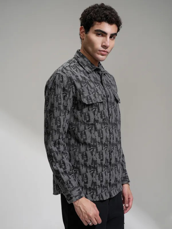 Men Grey Printed Relaxed Fit Casual Shirt